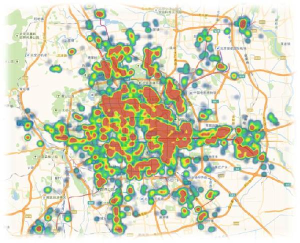从商家销量的热力图可以看出:北京外卖销量主要集中在中心城区的东面